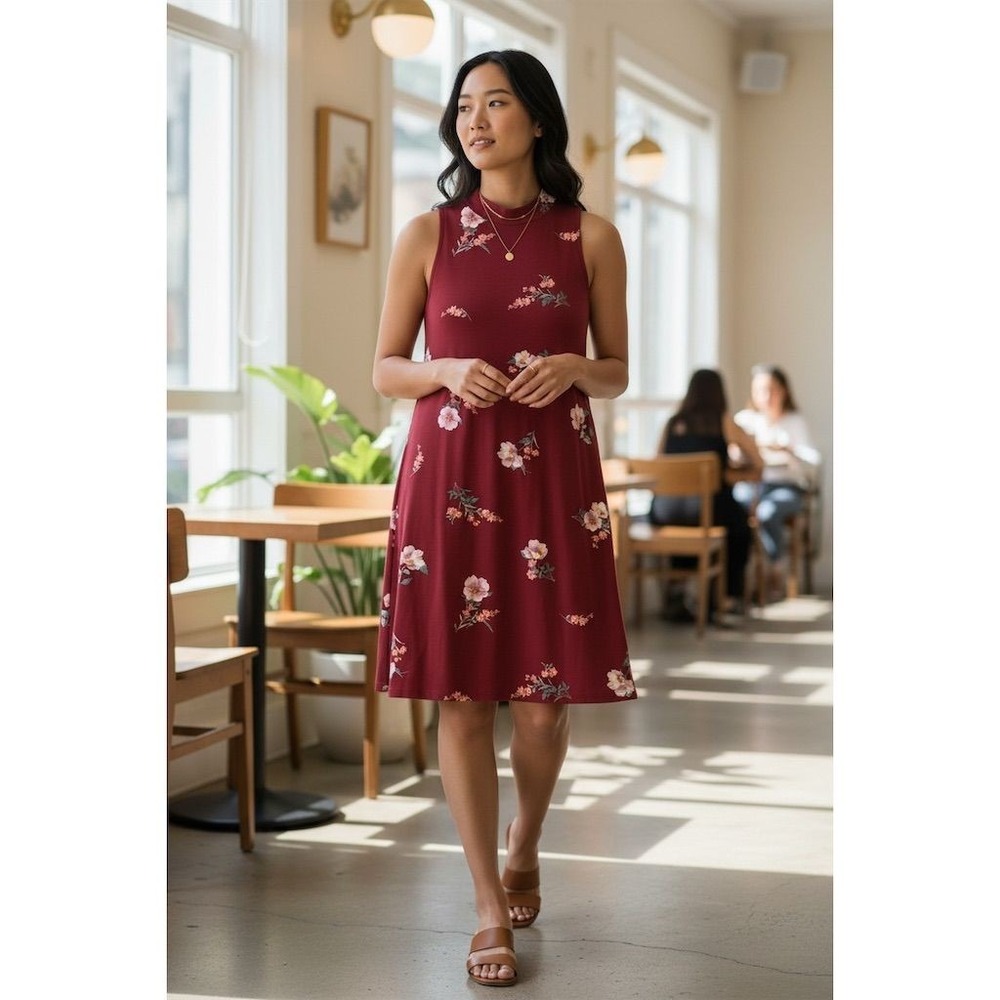 Pink Rose Women's M Red Floral Sleeveless Knee Length Dress soft lightweight